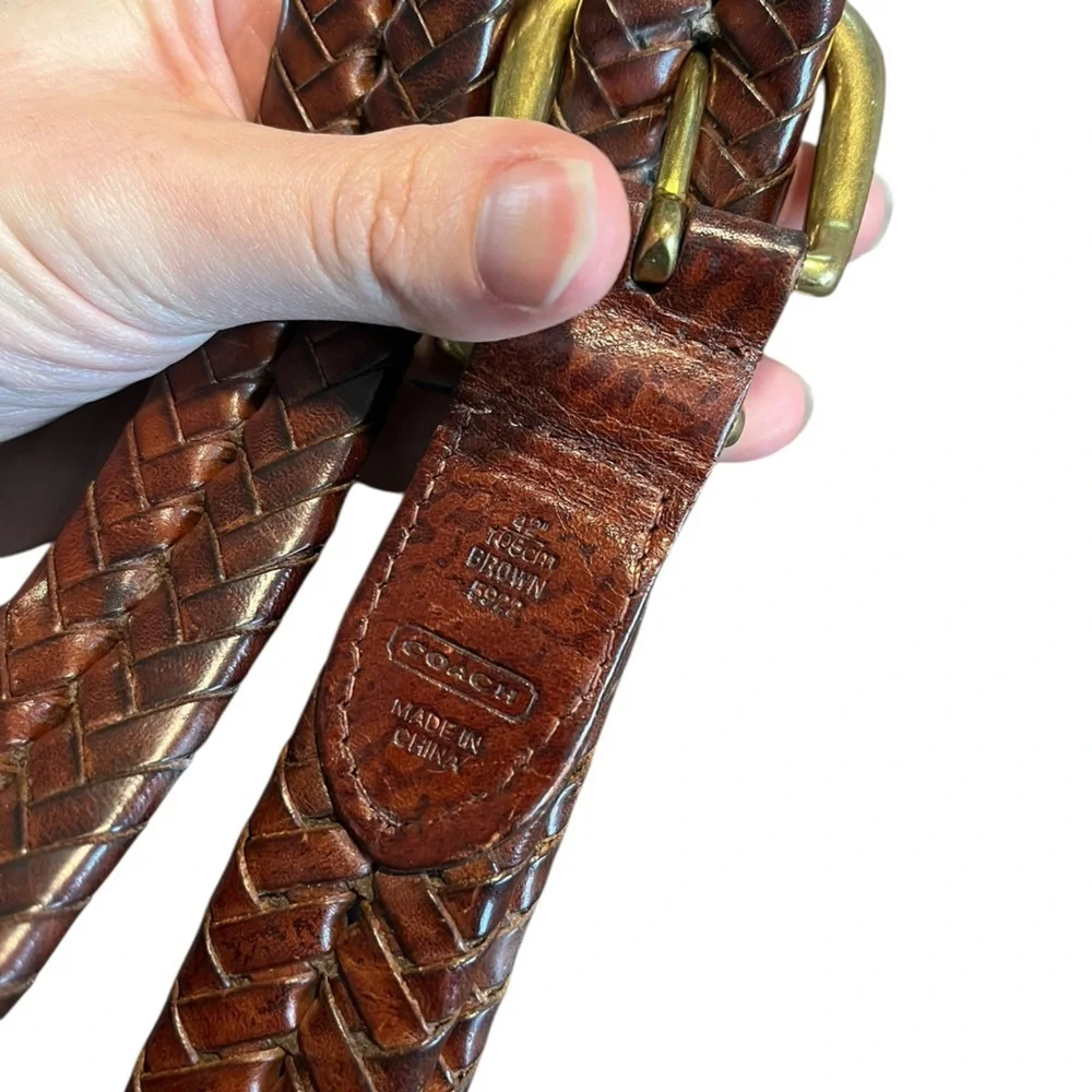 COACH‎ Men's Brown Genuine Leather Braided Belt with Gold Brass Buckle 42in 5922
